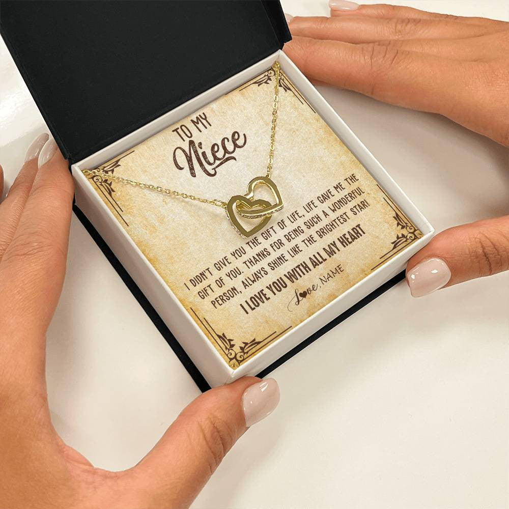 Interlocking Hearts Necklace 18K Yellow Gold Finish | 2 | Personalized To My Niece Necklace From Aunt Uncle Auntie I Love You With All My Heart Niece Birthday Christmas Jewelry Customized Gift Box Message Card | siriusteestore