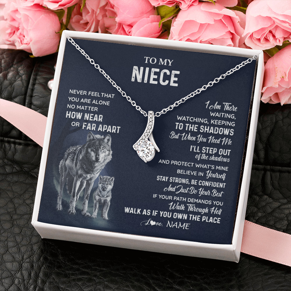 Alluring Beauty Necklace 14K White Gold Finish | 2 | Personalized To My Niece Necklace From Aunt Uncle Auntie Never Feel You Are Alone Wolf Niece Birthday Graduation Christmas Customized Gift Box Message Card | siriusteestore