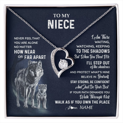 Forever Love Necklace 14K White Gold Finish | 1 | Personalized To My Niece Necklace From Aunt Uncle Auntie Never Feel You Are Alone Wolf Niece Birthday Graduation Christmas Customized Gift Box Message Card | siriusteestore
