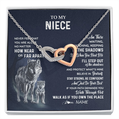 Interlocking Hearts Necklace Stainless Steel & Rose Gold Finish | 1 | Personalized To My Niece Necklace From Aunt Uncle Auntie Never Feel You Are Alone Wolf Niece Birthday Graduation Christmas Customized Gift Box Message Card | siriusteestore
