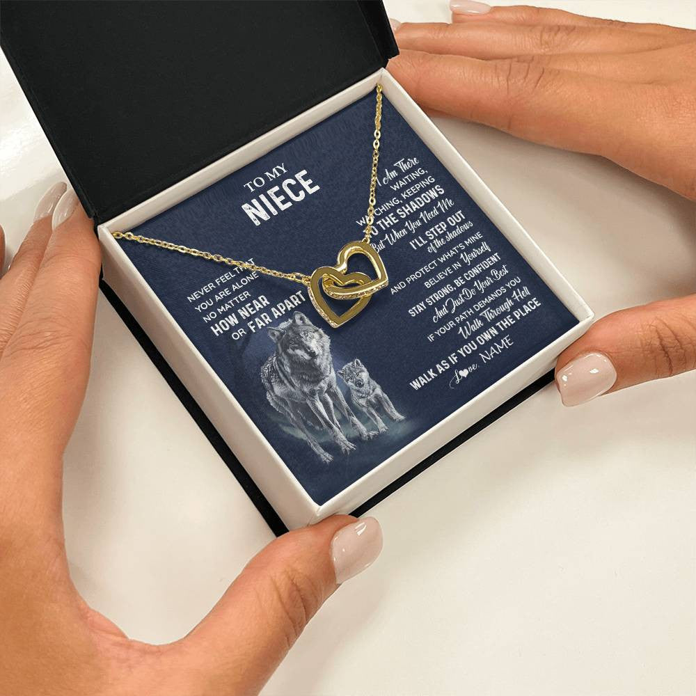 Interlocking Hearts Necklace 18K Yellow Gold Finish | 2 | Personalized To My Niece Necklace From Aunt Uncle Auntie Never Feel You Are Alone Wolf Niece Birthday Graduation Christmas Customized Gift Box Message Card | siriusteestore