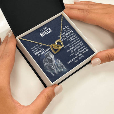 Interlocking Hearts Necklace 18K Yellow Gold Finish | 2 | Personalized To My Niece Necklace From Aunt Uncle Auntie Never Feel You Are Alone Wolf Niece Birthday Graduation Christmas Customized Gift Box Message Card | siriusteestore