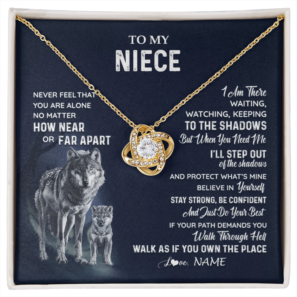 Love Knot Necklace 18K Yellow Gold Finish | 1 | Personalized To My Niece Necklace From Aunt Uncle Auntie Never Feel You Are Alone Wolf Niece Birthday Graduation Christmas Customized Gift Box Message Card | siriusteestore