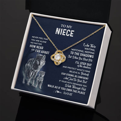 Love Knot Necklace 18K Yellow Gold Finish | 2 | Personalized To My Niece Necklace From Aunt Uncle Auntie Never Feel You Are Alone Wolf Niece Birthday Graduation Christmas Customized Gift Box Message Card | siriusteestore