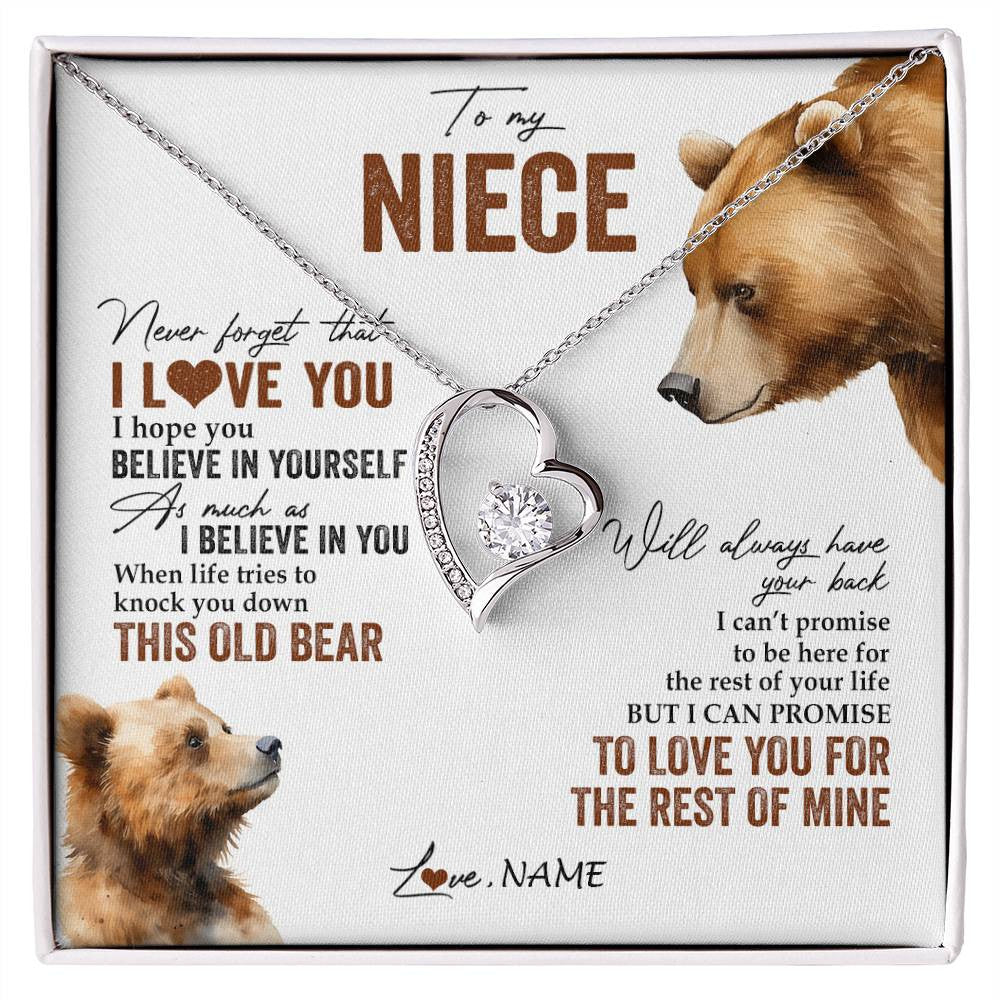 Forever Love Necklace 14K White Gold Finish | 1 | Personalized To My Niece Necklace From Aunt Uncle Auntie Never Forget That I Love You Bear Niece Birthday Graduation Christmas Customized Gift Box Message Card | siriusteestore