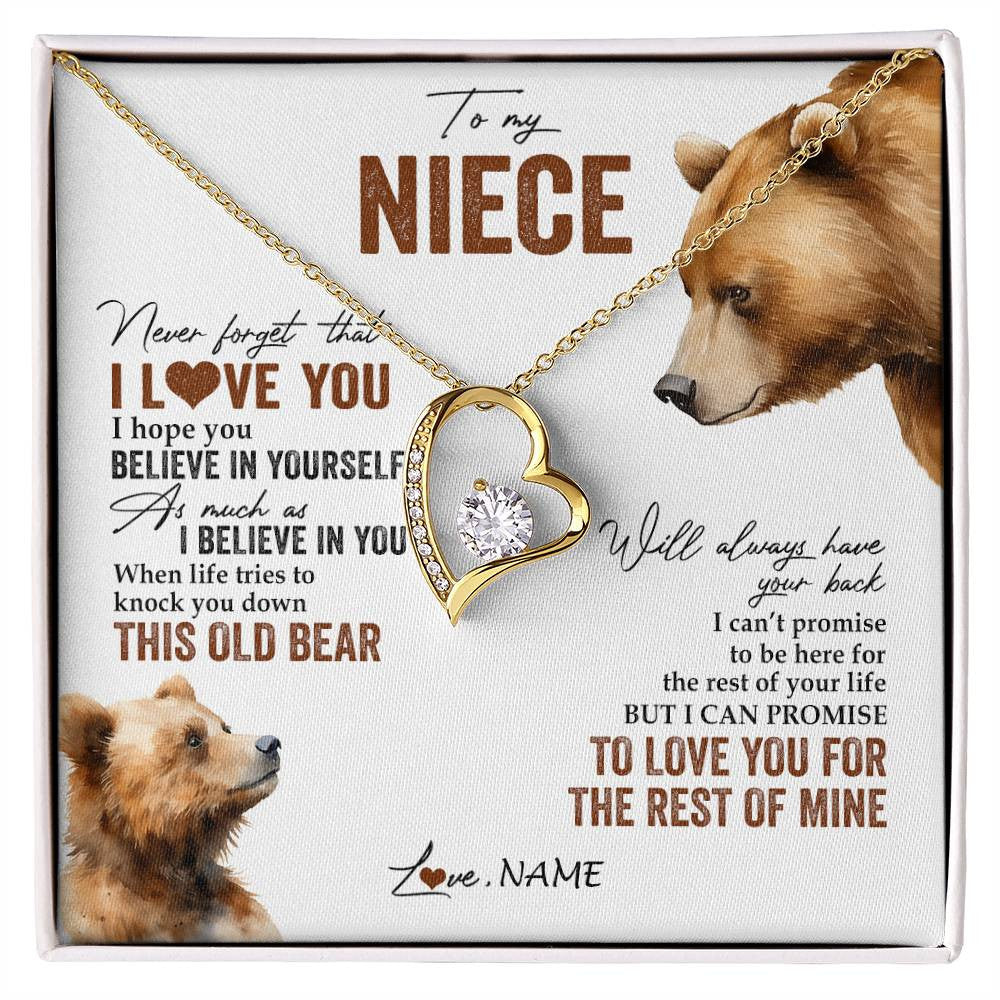 Forever Love Necklace 18K Yellow Gold Finish | 1 | Personalized To My Niece Necklace From Aunt Uncle Auntie Never Forget That I Love You Bear Niece Birthday Graduation Christmas Customized Gift Box Message Card | siriusteestore