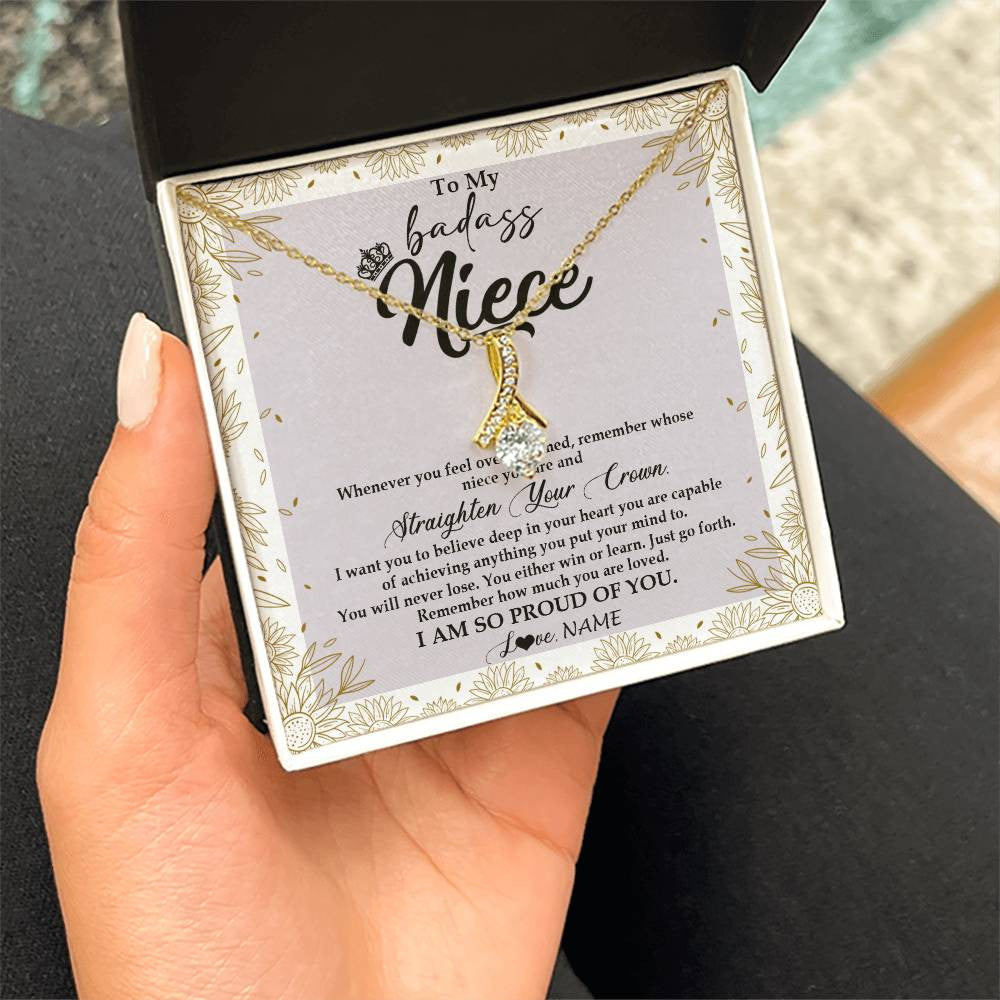 Alluring Beauty Necklace 18K Yellow Gold Finish | Personalized To My Niece Necklace From Aunt Uncle Auntie Straighten Your Crown Niece Birthday Christmas Graduation Jewelry Customized Gift Box Message Card | siriusteestore