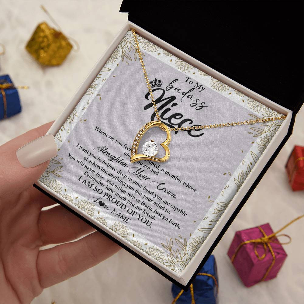 Forever Love Necklace 18K Yellow Gold Finish | Personalized To My Niece Necklace From Aunt Uncle Auntie Straighten Your Crown Niece Birthday Christmas Graduation Jewelry Customized Gift Box Message Card | siriusteestore