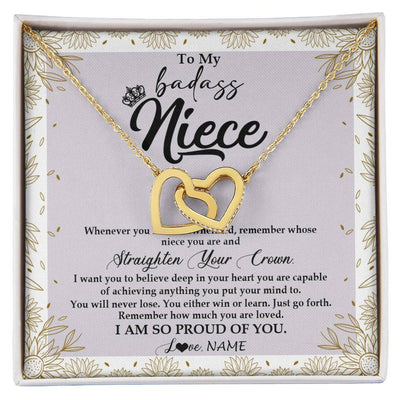 Interlocking Hearts Necklace 18K Yellow Gold Finish | Personalized To My Niece Necklace From Aunt Uncle Auntie Straighten Your Crown Niece Birthday Christmas Graduation Jewelry Customized Gift Box Message Card | siriusteestore