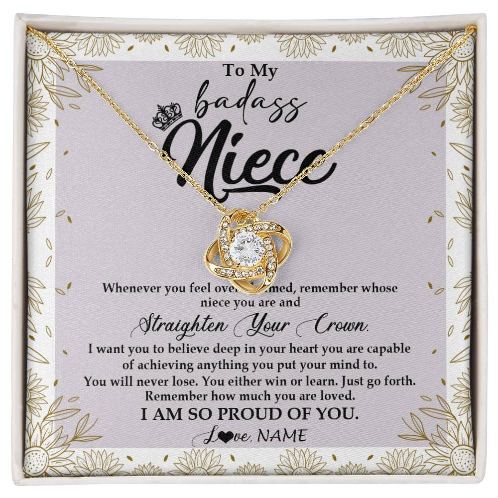 Love Knot Necklace 18K Yellow Gold Finish | Personalized To My Niece Necklace From Aunt Uncle Auntie Straighten Your Crown Niece Birthday Christmas Graduation Jewelry Customized Gift Box Message Card | siriusteestore