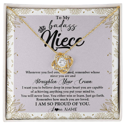 Love Knot Necklace 18K Yellow Gold Finish | Personalized To My Niece Necklace From Aunt Uncle Auntie Straighten Your Crown Niece Birthday Christmas Graduation Jewelry Customized Gift Box Message Card | siriusteestore