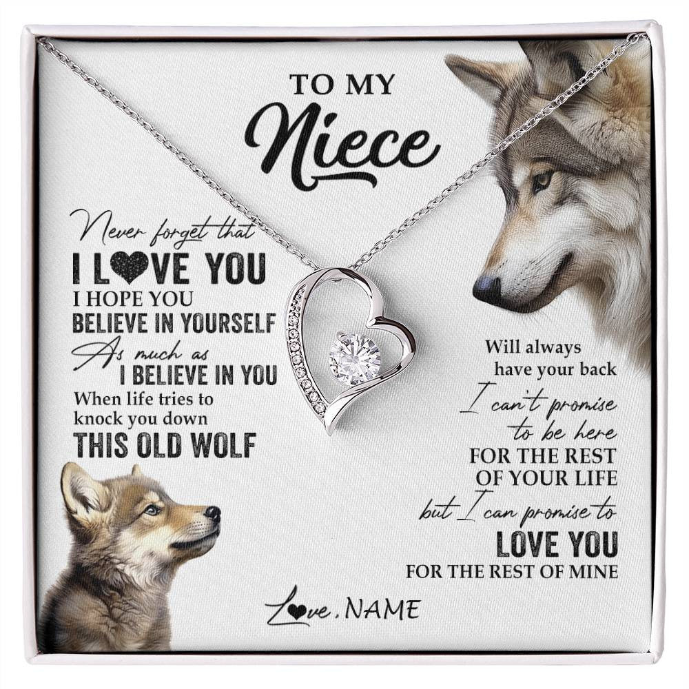 Forever Love Necklace 14K White Gold Finish | 1 | Personalized To My Niece Necklace From Aunt Uncle Auntie This Old Wolf Love You Niece Birthday Graduation Christmas Customized Gift Box Message Card | siriusteestore
