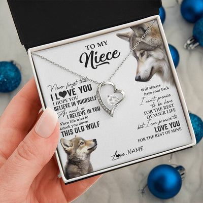 Forever Love Necklace 14K White Gold Finish | 2 | Personalized To My Niece Necklace From Aunt Uncle Auntie This Old Wolf Love You Niece Birthday Graduation Christmas Customized Gift Box Message Card | siriusteestore