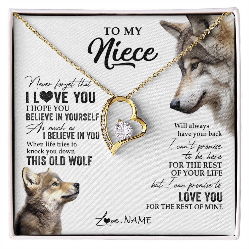 Forever Love Necklace 18K Yellow Gold Finish | 1 | Personalized To My Niece Necklace From Aunt Uncle Auntie This Old Wolf Love You Niece Birthday Graduation Christmas Customized Gift Box Message Card | siriusteestore
