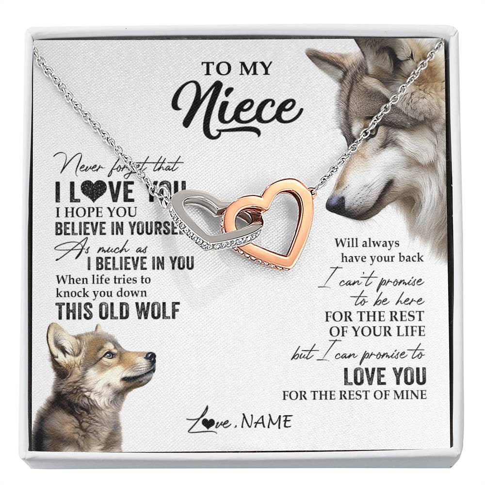Interlocking Hearts Necklace Stainless Steel & Rose Gold Finish | 1 | Personalized To My Niece Necklace From Aunt Uncle Auntie This Old Wolf Love You Niece Birthday Graduation Christmas Customized Gift Box Message Card | siriusteestore
