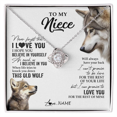 Love Knot Necklace 14K White Gold Finish | 1 | Personalized To My Niece Necklace From Aunt Uncle Auntie This Old Wolf Love You Niece Birthday Graduation Christmas Customized Gift Box Message Card | siriusteestore