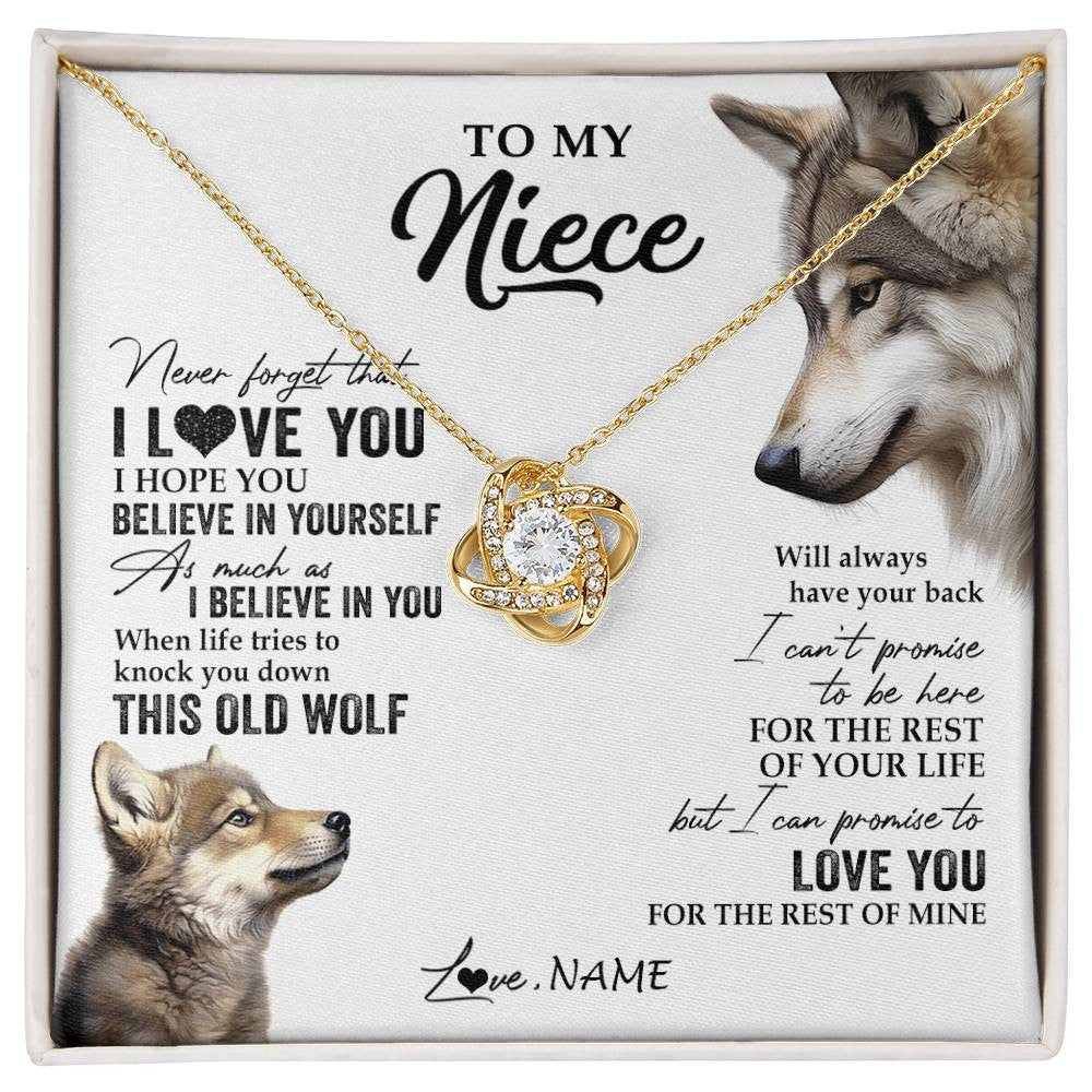 Love Knot Necklace 18K Yellow Gold Finish | 1 | Personalized To My Niece Necklace From Aunt Uncle Auntie This Old Wolf Love You Niece Birthday Graduation Christmas Customized Gift Box Message Card | siriusteestore