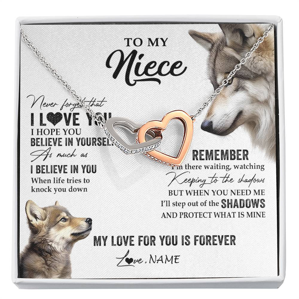 Interlocking Hearts Necklace Stainless Steel & Rose Gold Finish | 1 | Personalized To My Niece Necklace From Aunt Uncle Auntie Wolf My Love For You Is Forever Niece Birthday Graduation Christmas Customized Gift Box Message Card | siriusteestore