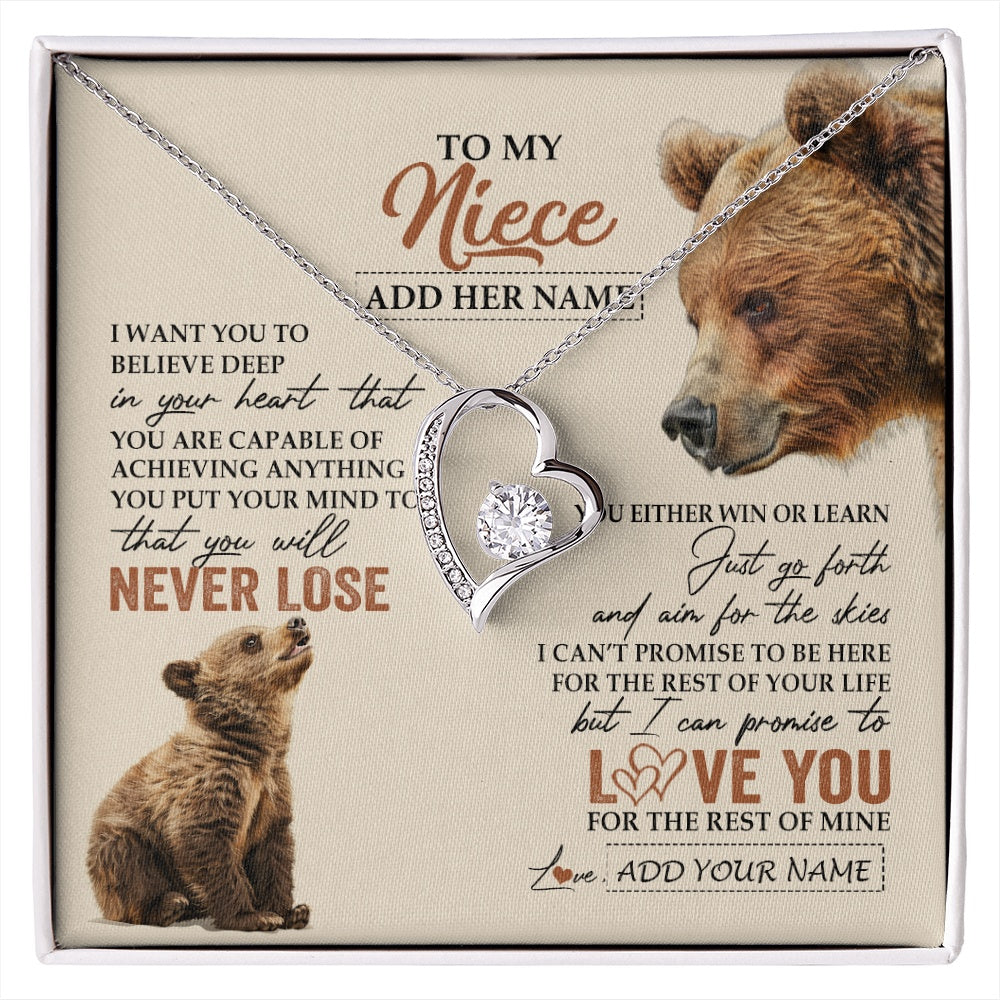 Forever Love Necklace 14K White Gold Finish | 1 | Personalized To My Niece Necklace From Aunt Uncle Auntie You Will Never Lose Bear Niece Birthday Gifts Graduation Christmas Customized Gift Box Message Card | siriusteestore.myshopify