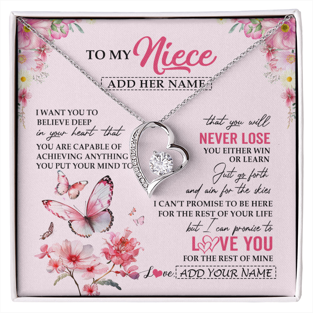 Forever Love Necklace 14K White Gold Finish | 1 | Personalized To My Niece Necklace From Aunt Uncle Auntie You Will Never Lose Butterfly Niece Birthday Gifts Graduation Christmas Custom Gift Box Message Card | siriusteestore