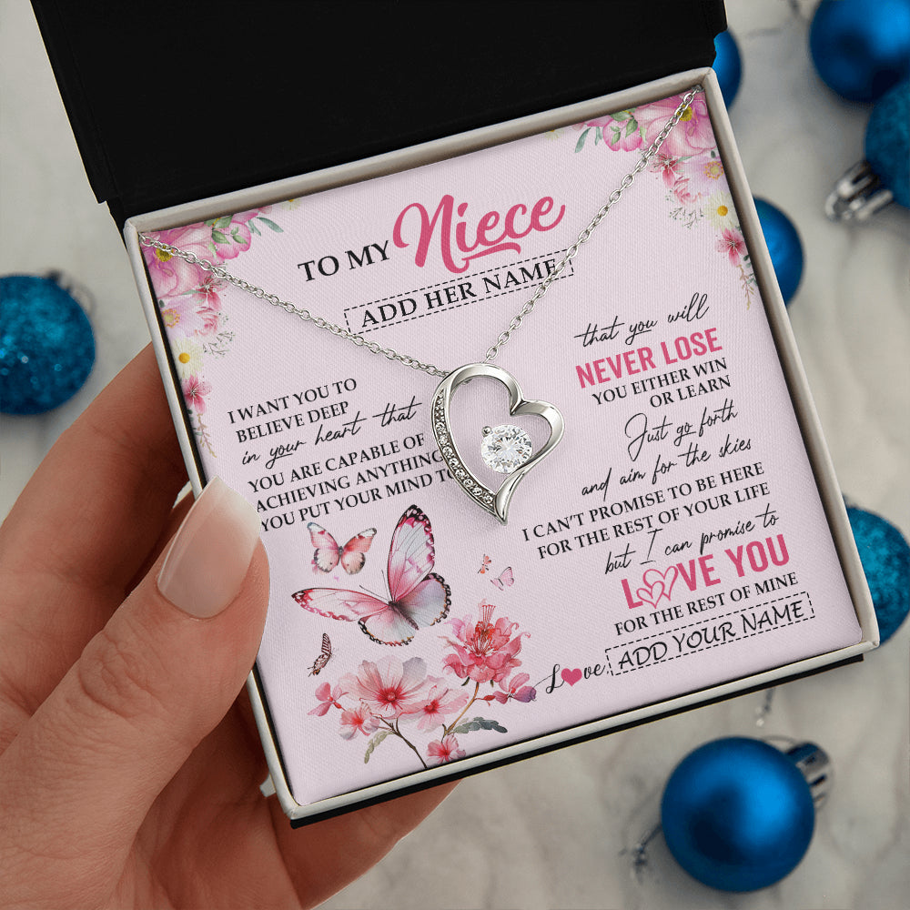 Forever Love Necklace 14K White Gold Finish | 2 | Personalized To My Niece Necklace From Aunt Uncle Auntie You Will Never Lose Butterfly Niece Birthday Gifts Graduation Christmas Custom Gift Box Message Card | siriusteestore