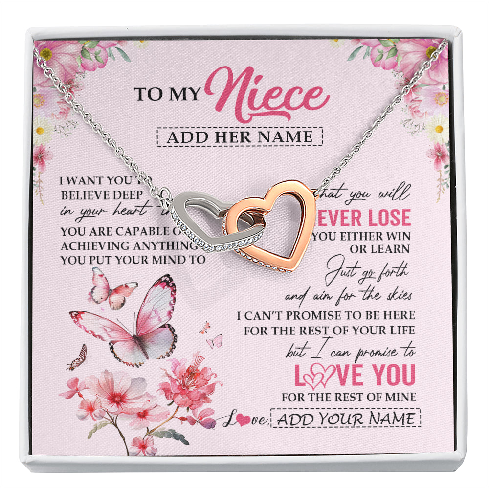 Interlocking Hearts Necklace Stainless Steel & Rose Gold Finish | 1 | Personalized To My Niece Necklace From Aunt Uncle Auntie You Will Never Lose Butterfly Niece Birthday Gifts Graduation Christmas Custom Gift Box Message Card | siriusteestore