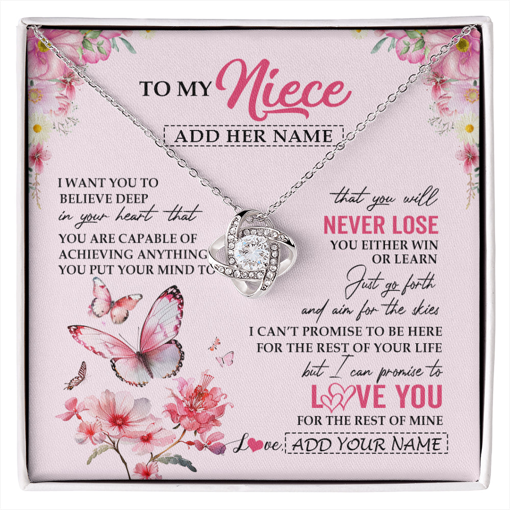 Love Knot Necklace 14K White Gold Finish | 1 | Personalized To My Niece Necklace From Aunt Uncle Auntie You Will Never Lose Butterfly Niece Birthday Gifts Graduation Christmas Custom Gift Box Message Card | siriusteestore