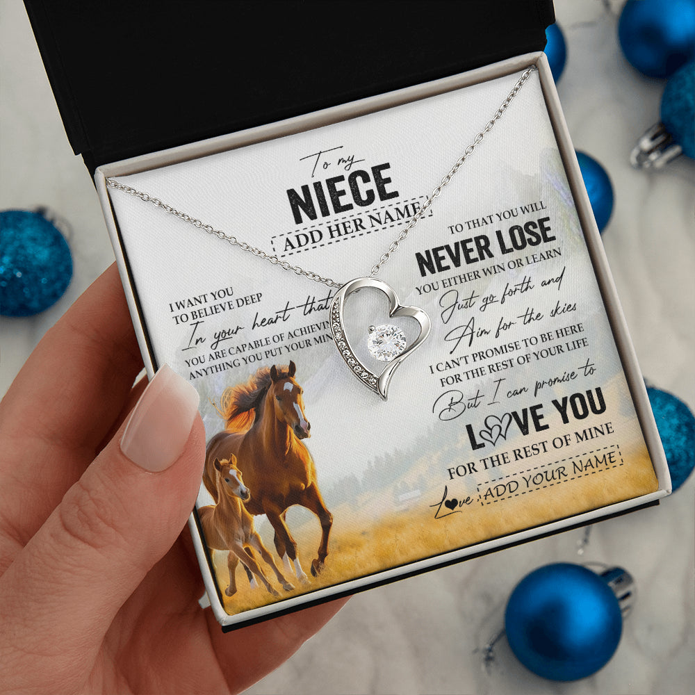 Forever Love Necklace 14K White Gold Finish | 2 | Personalized To My Niece Necklace From Aunt Uncle Auntie You Will Never Lose Horse Niece Birthday Gifts Graduation Christmas Customized Gift Box Message Card | siriusteestore