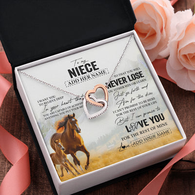 Interlocking Hearts Necklace Stainless Steel & Rose Gold Finish | 2 | Personalized To My Niece Necklace From Aunt Uncle Auntie You Will Never Lose Horse Niece Birthday Gifts Graduation Christmas Customized Gift Box Message Card | siriusteestore