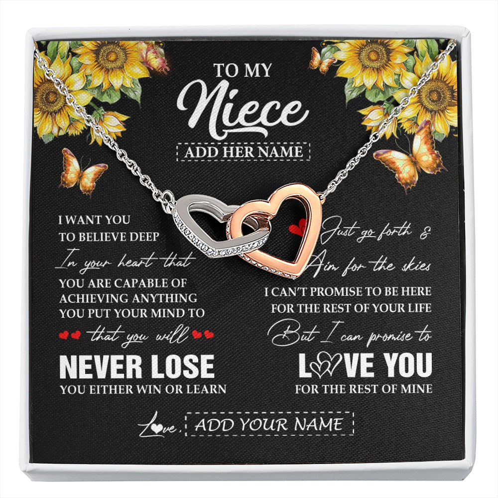 Interlocking Hearts Necklace Stainless Steel & Rose Gold Finish | 1 | Personalized To My Niece Necklace From Aunt Uncle Auntie You Will Never Lose Sunflower Niece Birthday Gifts Graduation Christmas Custom Gift Box Message Card | siriusteestore.myshopify