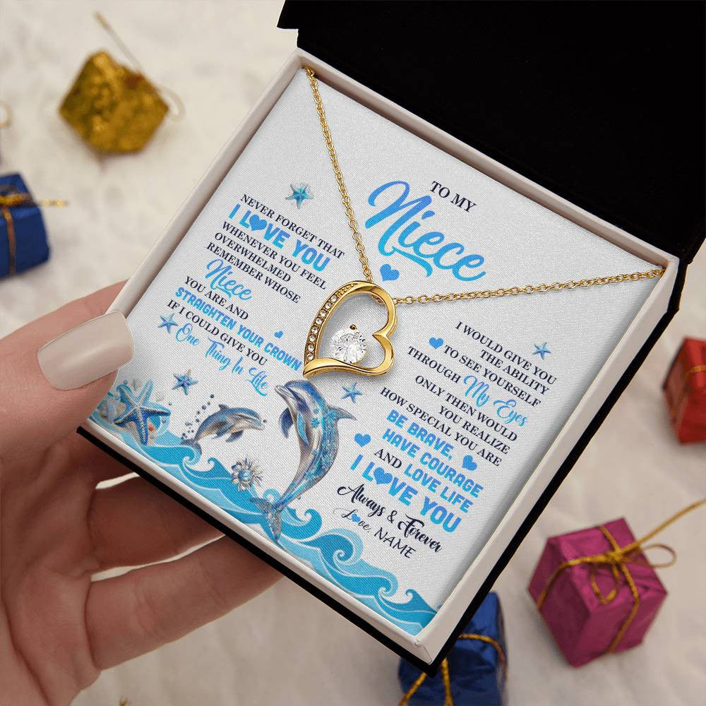Forever Love Necklace 18K Yellow Gold Finish | 2 | Personalized To My Niece Necklace From Aunt Uncle Dophin Never Forget I Love You Niece Birthday Gifts Jewelry Christmas Customized Gift Box Message Card | siriusteestore