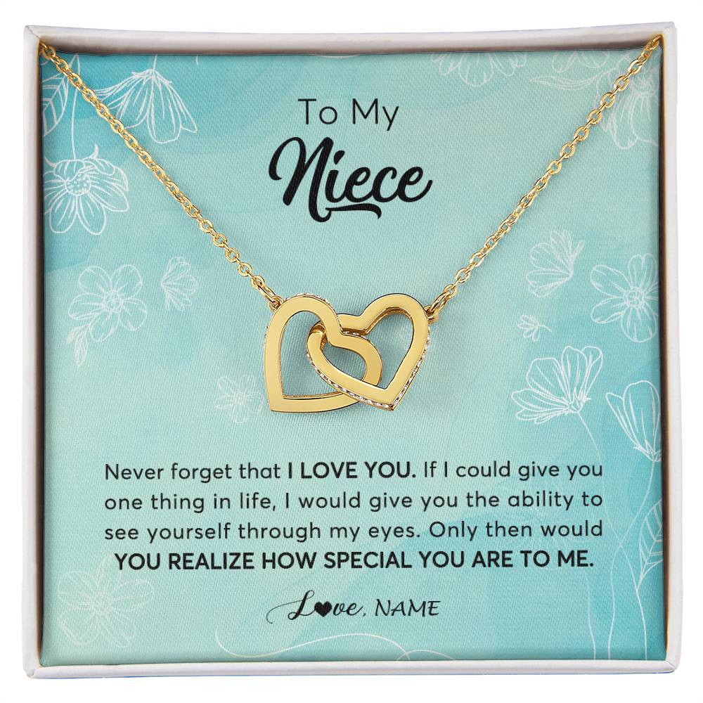 Interlocking Hearts Necklace 18K Yellow Gold Finish | 1 | Personalized To My Niece Necklace From Aunt Uncle Flower Never Forget I Love You Niece Jewelry Graduation Birthday Christmas Customized Gift Box Message Card | siriusteestore