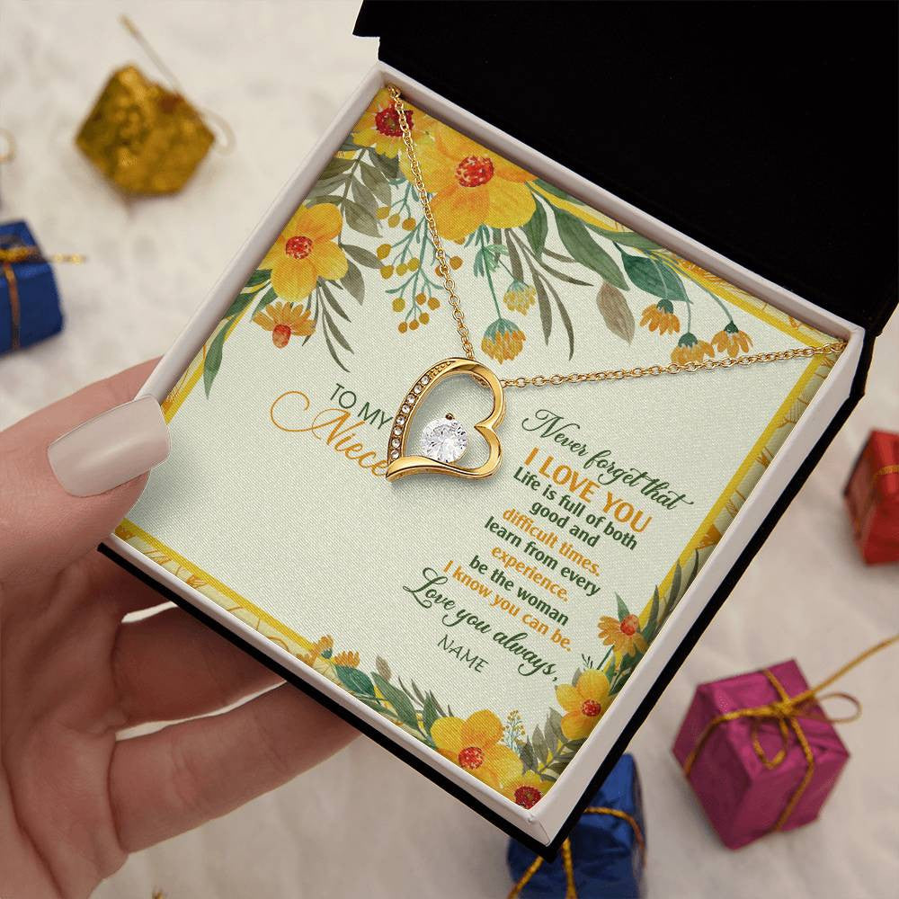 Forever Love Necklace 18K Yellow Gold Finish | Personalized To My Niece Necklace From Aunt Uncle Flower Never Forget That I Love You Niece Birthday Christmas Graduation Customized Gift Box Message Card | siriusteestore