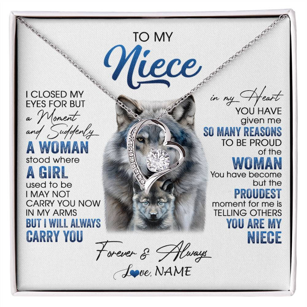Forever Love Necklace 14K White Gold Finish | 1 | Personalized To My Niece Necklace From Aunt Uncle I Close My Eyes For But A Moment Wolf Niece Birthday Gifts Christmas Customized Gift Box Message Card | siriusteestore
