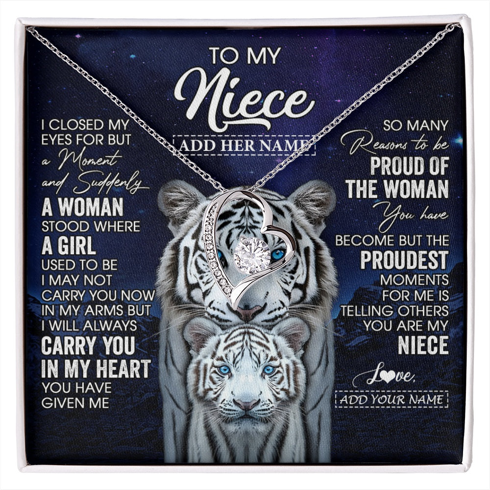 Forever Love Necklace 14K White Gold Finish | 1 | Personalized To My Niece Necklace From Aunt Uncle I Close My Eyes White Tiger Niece Birthday Gift Graduation Christmas Custom Gift Box Message Card | https://siriusteestore.