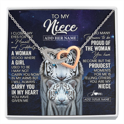 Interlocking Hearts Necklace Stainless Steel & Rose Gold Finish | 1 | Personalized To My Niece Necklace From Aunt Uncle I Close My Eyes White Tiger Niece Birthday Gift Graduation Christmas Custom Gift Box Message Card | https://siriusteestore.