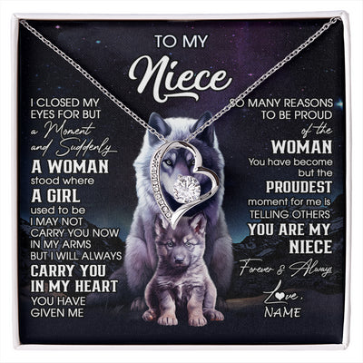 Forever Love Necklace 14K White Gold Finish | 1 | Personalized To My Niece Necklace From Aunt Uncle I Close My Eyes Wolf Niece Birthday Gifts Jewelry Graduation Christmas Customized Gift Box Message Card | siriusteestore