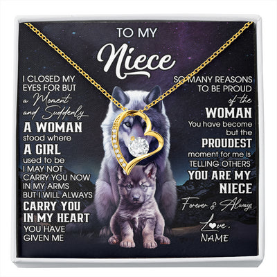 Forever Love Necklace 18K Yellow Gold Finish | 1 | Personalized To My Niece Necklace From Aunt Uncle I Close My Eyes Wolf Niece Birthday Gifts Jewelry Graduation Christmas Customized Gift Box Message Card | siriusteestore