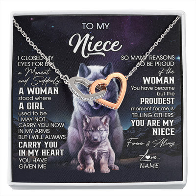 Interlocking Hearts Necklace Stainless Steel & Rose Gold Finish | 1 | Personalized To My Niece Necklace From Aunt Uncle I Close My Eyes Wolf Niece Birthday Gifts Jewelry Graduation Christmas Customized Gift Box Message Card | siriusteestore