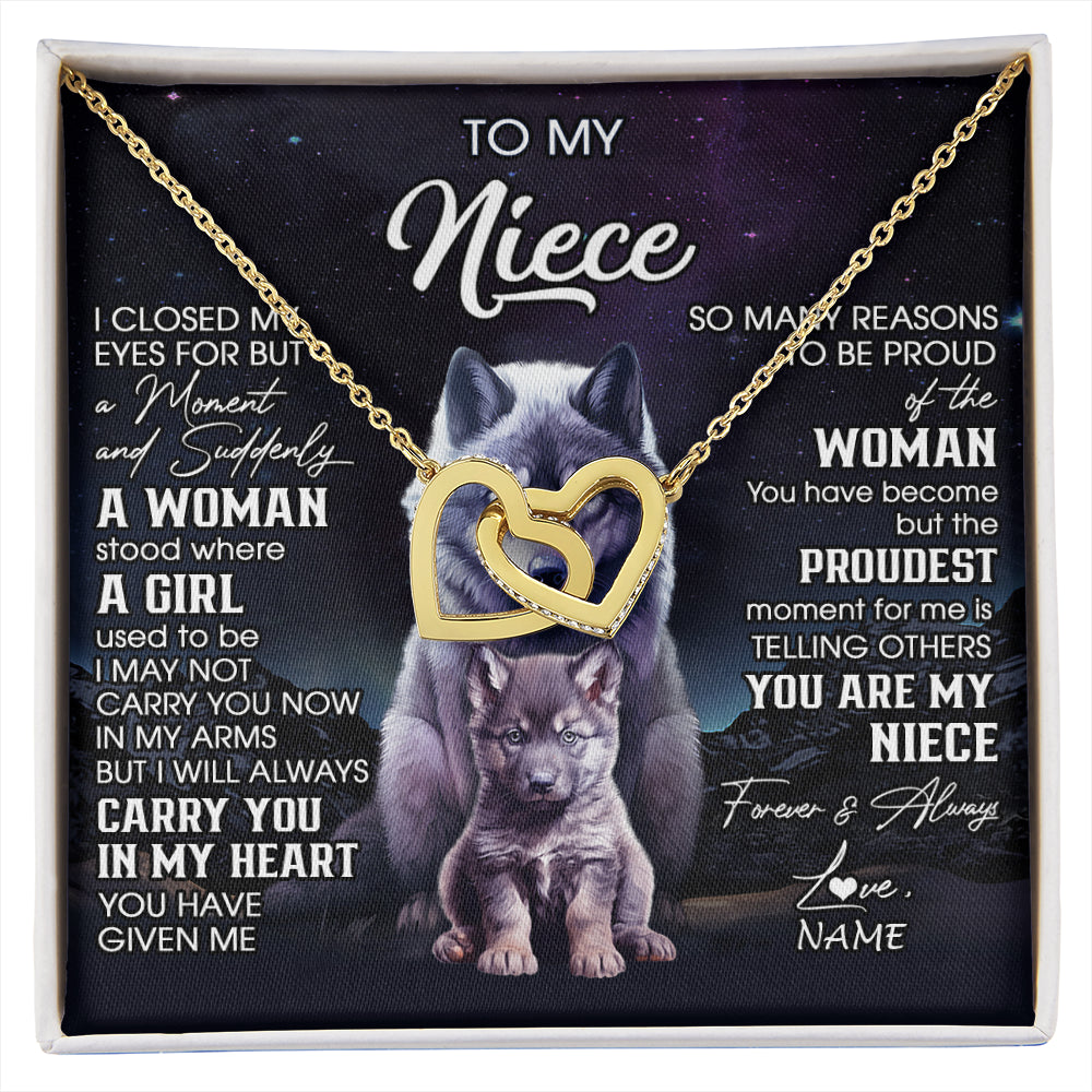 Interlocking Hearts Necklace 18K Yellow Gold Finish | 1 | Personalized To My Niece Necklace From Aunt Uncle I Close My Eyes Wolf Niece Birthday Gifts Jewelry Graduation Christmas Customized Gift Box Message Card | siriusteestore