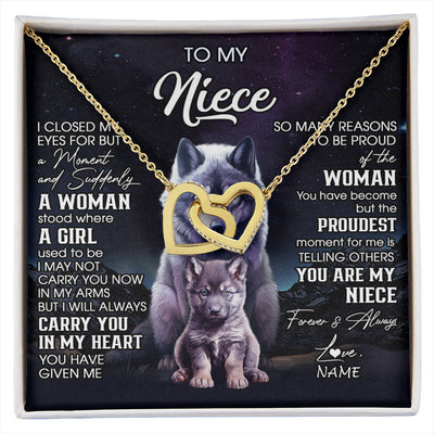 Interlocking Hearts Necklace 18K Yellow Gold Finish | 1 | Personalized To My Niece Necklace From Aunt Uncle I Close My Eyes Wolf Niece Birthday Gifts Jewelry Graduation Christmas Customized Gift Box Message Card | siriusteestore