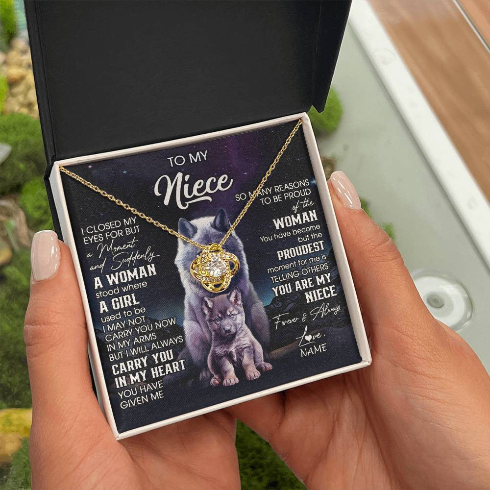 Love Knot Necklace 18K Yellow Gold Finish | 2 | Personalized To My Niece Necklace From Aunt Uncle I Close My Eyes Wolf Niece Birthday Gifts Jewelry Graduation Christmas Customized Gift Box Message Card | siriusteestore