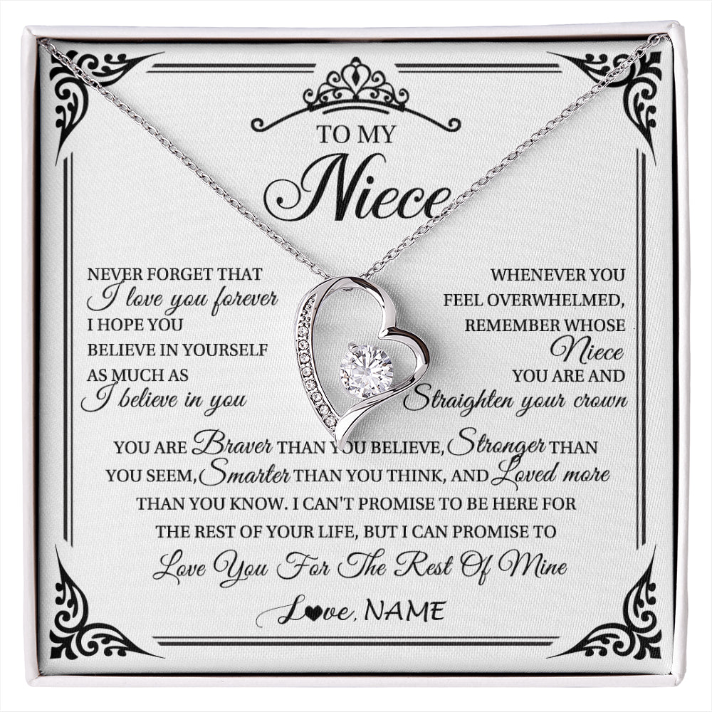 Forever Love Necklace 14K White Gold Finish | 1 | Personalized To My Niece Necklace From Aunt Uncle I Love You Forever Niece Birthday Valentines Day Graduation Christmas Customized Gift Box Message Card | siriusteestore