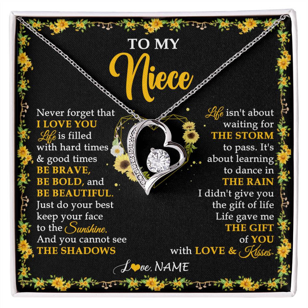 Forever Love Necklace 14K White Gold Finish | 1 | Personalized To My Niece Necklace From Aunt Uncle I Love You Sunflower Niece Jewelry Birthday Jewelry Graduation Christmas Customized Gift Box Message Card | siriusteestore