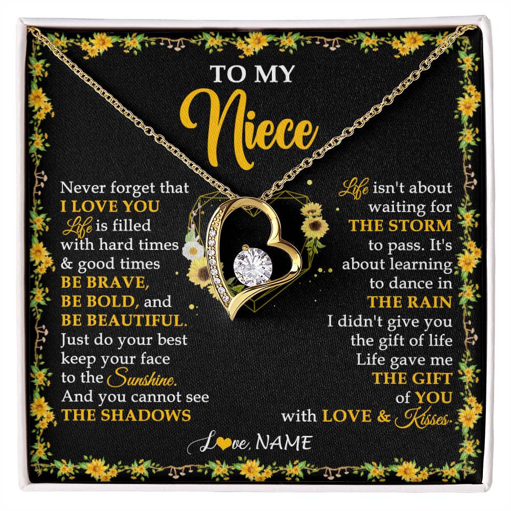 Forever Love Necklace 18K Yellow Gold Finish | 1 | Personalized To My Niece Necklace From Aunt Uncle I Love You Sunflower Niece Jewelry Birthday Jewelry Graduation Christmas Customized Gift Box Message Card | siriusteestore