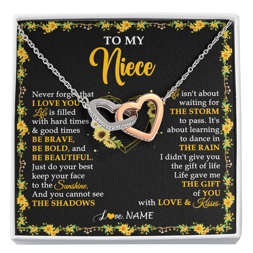 Interlocking Hearts Necklace Stainless Steel & Rose Gold Finish | 1 | Personalized To My Niece Necklace From Aunt Uncle I Love You Sunflower Niece Jewelry Birthday Jewelry Graduation Christmas Customized Gift Box Message Card | siriusteestore
