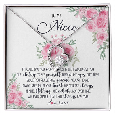 Forever Love Necklace 14K White Gold Finish | 1 | Personalized To My Niece Necklace From Aunt Uncle I Will Always Love You Niece Birthday Christmas Pendant Jewelry Customized Gift Box Message Card | https://siriusteestore.