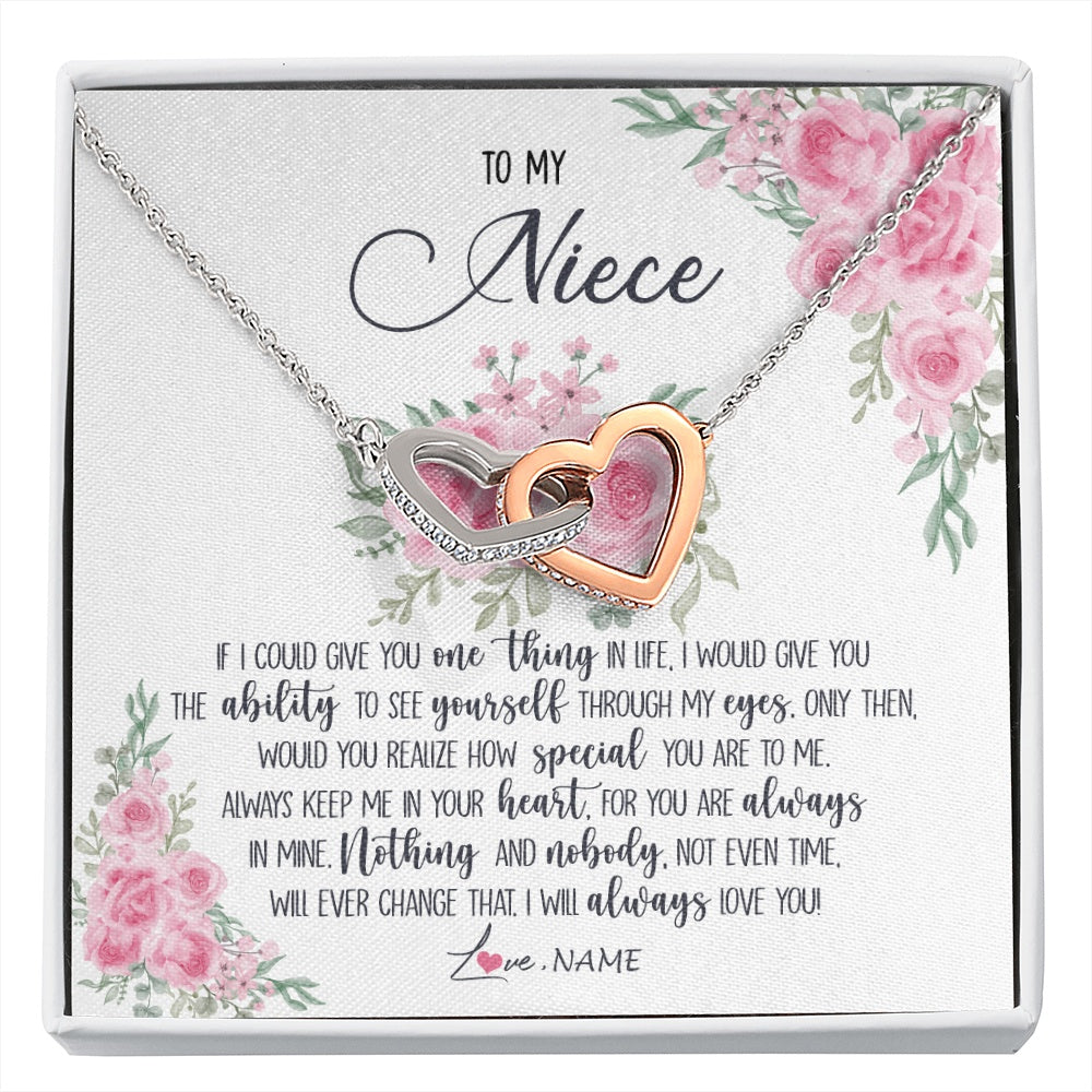 Interlocking Hearts Necklace Stainless Steel & Rose Gold Finish | 1 | Personalized To My Niece Necklace From Aunt Uncle I Will Always Love You Niece Birthday Christmas Pendant Jewelry Customized Gift Box Message Card | https://siriusteestore.