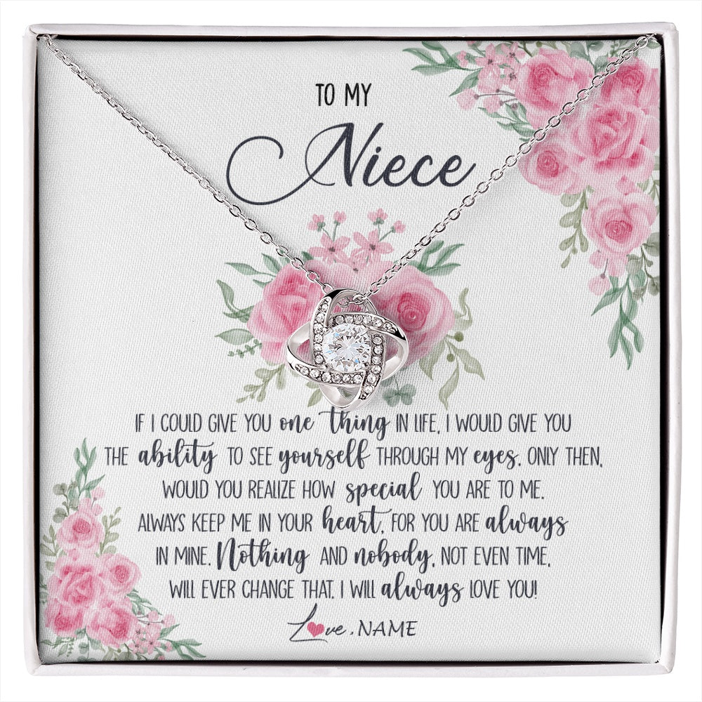Love Knot Necklace 14K White Gold Finish | 1 | Personalized To My Niece Necklace From Aunt Uncle I Will Always Love You Niece Birthday Christmas Pendant Jewelry Customized Gift Box Message Card | https://siriusteestore.