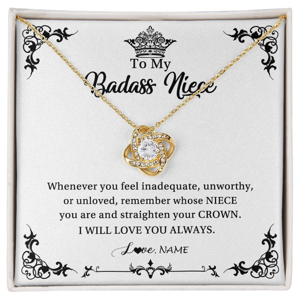 Love Knot Necklace 18K Yellow Gold Finish | Personalized To My Niece Necklace From Aunt Uncle I Will Love You Always Niece Pendant Jewelry Birthday Graduation Christmas Customized Message Card | siriusteestore